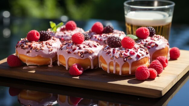 süße Donuts mit Milch und Obst auf dem Tisch