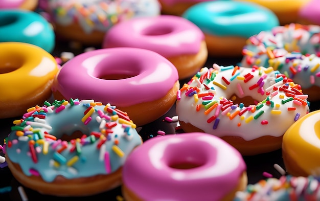 Foto süße donuts mit verschiedenen bunten topping-streuseln. lustige nahaufnahme von food-fotografie