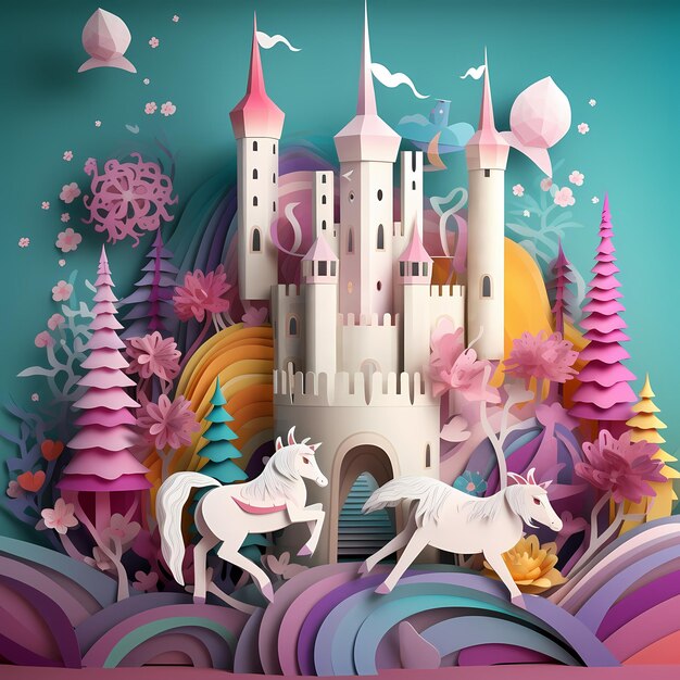 süße Einhorn-Cartoon-Figur mit Schloss 3D-Papier Generative KI