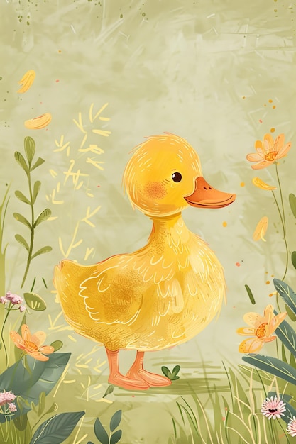 Foto süße ente mit natur-hintergrund kinder-illustration