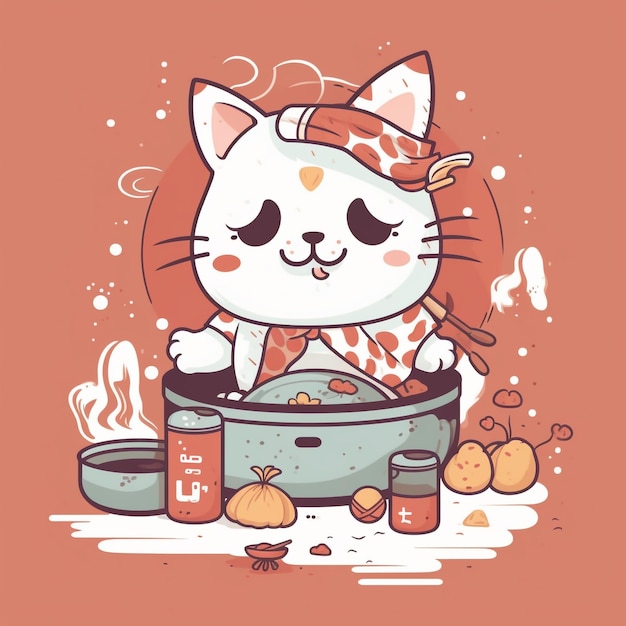 Süße entzückende Katze im japanischen Kawaii-Stil beim Kochen