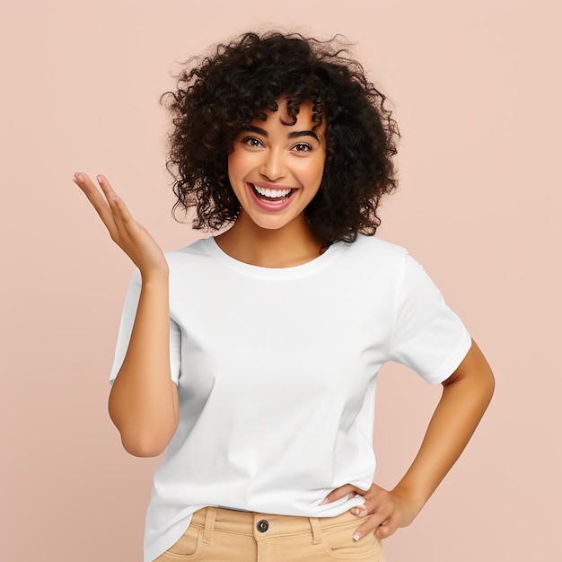 Foto süße frauen person mit aufgeregtem gesichtsausdruck, die auf ein t-shirt-mockup zeigt