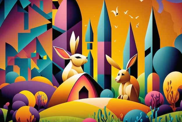 Süße fröhliche Ostern im Kubismus-Stil Illustration Generative AI