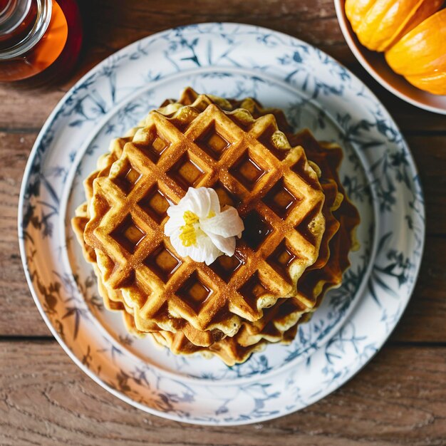 süße gebackene Kürbiswaffeln mit Honig in einem Teller auf einem Holztisch