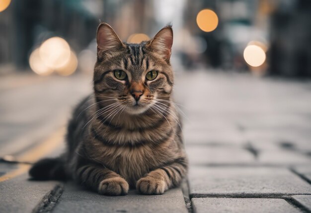 Süße getigerte Katze sitzt abends auf der Straße