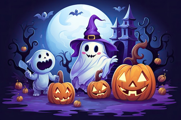 Süße Halloween-Szene mit Geisterhexe-Süßigkeiten, schöne generative KI im Cartoon-Stil