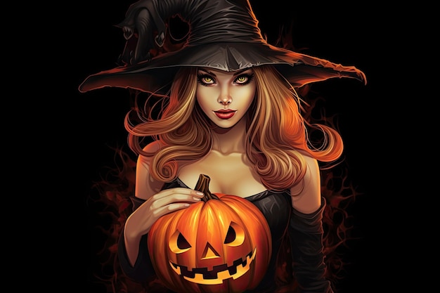 Süße Hexe hält einen Jakc-O-Laternen-Halloween-Illustrationshintergrund