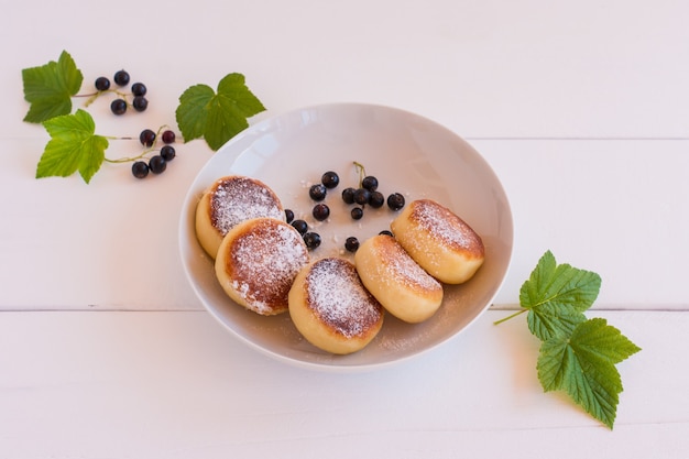 Süße Hüttenkäsepfannkuchen auf Teller serviert schwarze Johannisbeere. Russische Syrniki, Ricotta-Krapfen oder Quark-Krapfen.