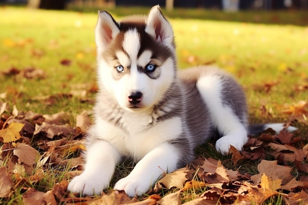 Foto süße husky-hunde sitzen auf gras generativ ai