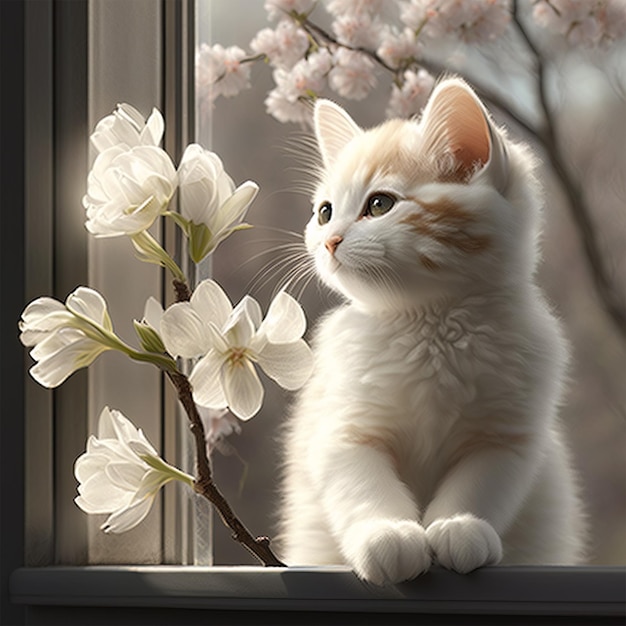 Süße Katze am Fenster mit Frühlingsblume