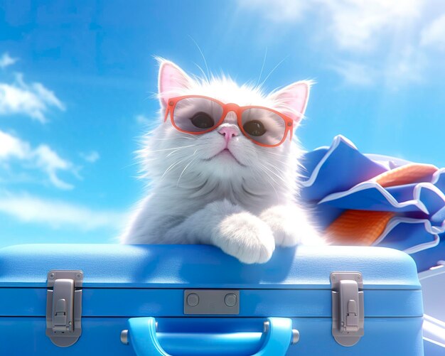 Süße Katze auf blauem Koffer mit Sonnenbrille AI Generative