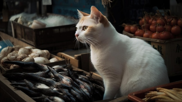 Süße Katze beobachtet den Fisch. Lustiges Kätzchen schnüffelt am Fisch. Generierte KI