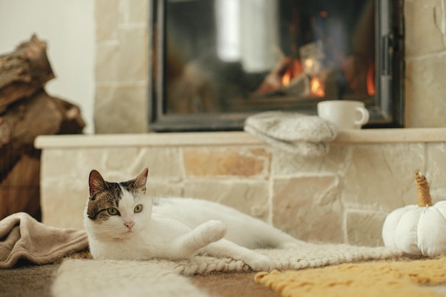 Süße Katze, die sich auf einem gemütlichen Teppich am Kamin entspannt Adorable Kitty, die am warmen Kamin mit Dekor liegt