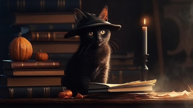 Süße Katze im Hexenhut und Bücher auf dunklem Hintergrund Halloween-Konzeptgenerative ai