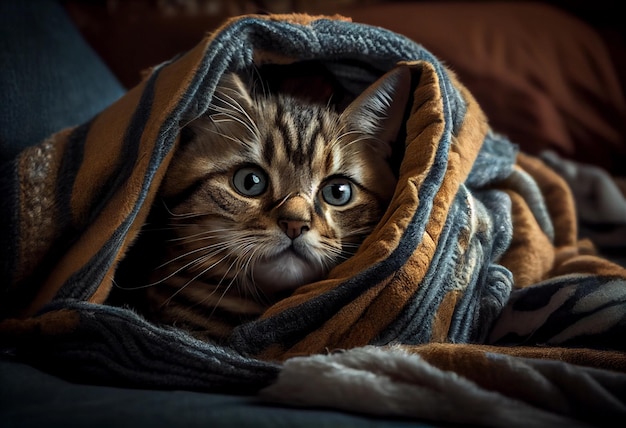 Süße Katze in eine Decke gehüllt, um sich warm zu halten