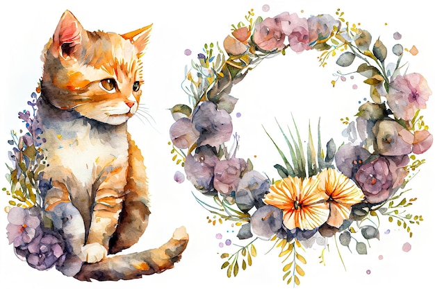 Süße Katze mit Blumenkranz isoliert auf weißem Hintergrund Aquarell-Illustration Generative AI