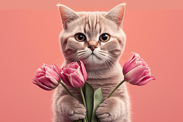 Süße Katze mit einem Strauß Tulpen auf rosa Hintergrund Generative Ai