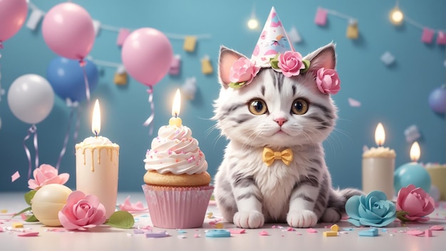 Süße Katze mit Geburtstagstorte und buntem Hintergrund