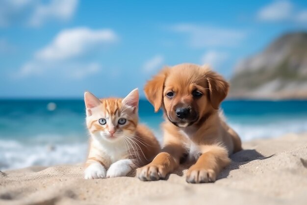 Süße Katze und Hund genießen den Sommer am Strand