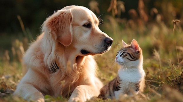 Foto süße katze und süßer hund zusammen generative ki