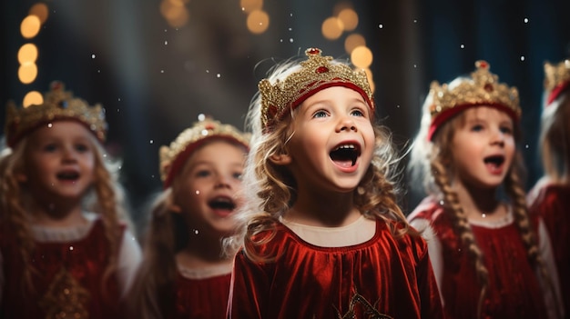süße Kinder in roten Kostümen singen christliche Weihnachtslieder