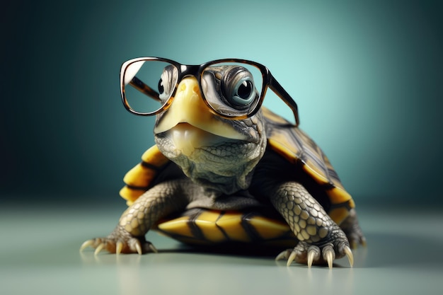 Süße kleine grüne Schildkröte mit Brille, KI generiert