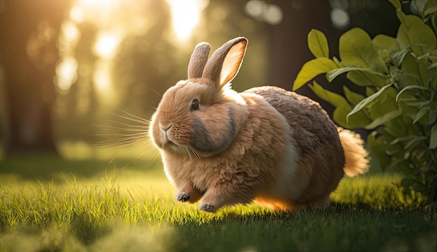 Süße kleine Kaninchen, die morgens mit Sonnenlicht auf dem Rasenplatz laufen, genießen Generative Ai
