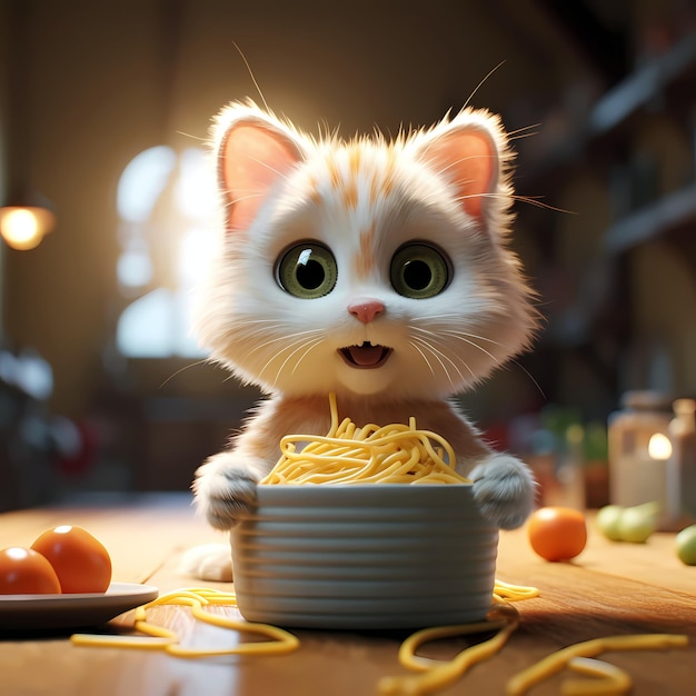 Süße kleine Katze, die Spaghetti isst, winkt mir zu und lächelt