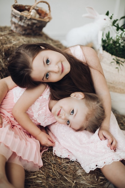 Süße kleine Schwestern, die auf Heuhaufen umarmen.