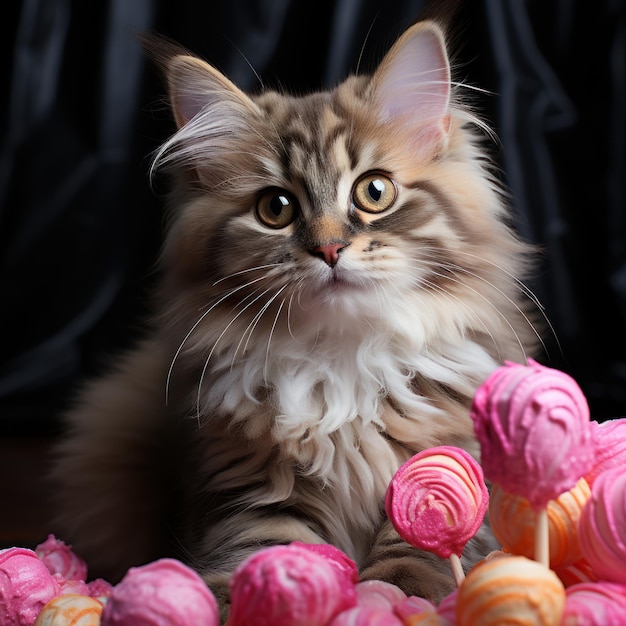 Süße Köstlichkeiten: Entzückendes Kätzchen, umgeben von Süßigkeiten. Generative KI