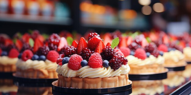 Süße Kuchen Frischfruchttaart mit Erdbeeren Blaubeeren und Himbeeren Generative KI