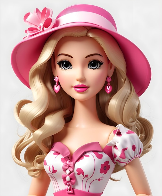 Süße, modische, schöne Prinzessin Barbie-Figur mit blonden Haaren und rosa Hut