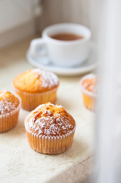 Süße Muffins mit Puderzucker und Blüten Hausgemachte Backmuffins in weißen Kapseln, dekoriert mit Obstbaumblüten