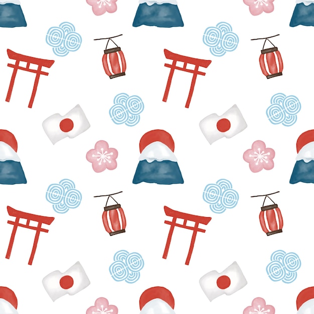 Süße, nahtlose, handgezeichnete Aquarelle japanischer berühmter Dinge Musterhintergrund Japan-Symbolelemente