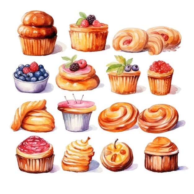 süße Pastellbäckerei Aquarellillustration auf weißem Hintergrund