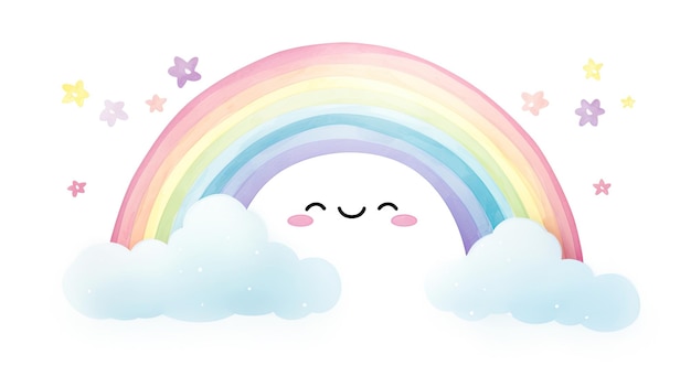 Süße Regenbogenwolken in sanften Farben für Kinderwanddrucke auf weißem Hintergrund
