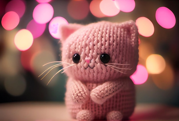 Süße rosa gestrickte Katze Kitty Spielzeug gemütliches Bokeh unscharfer Hintergrund Generative AI