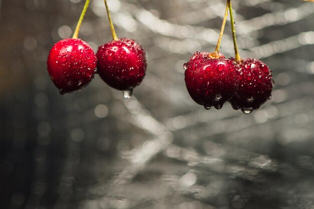 Süße rote Kirschen Draufsicht Rustikaler Stil Obst Backgroun