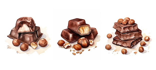 süße Schokolade mit Haselnuss ai erzeugt Leckerei Kakao Vergnügen Dessert Bohnen Geschmack süße Schocolade mit Haselnuss Illustration Aquarell