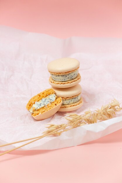 Süße Schokoladenkäse-Lavendel-Oreo-Macarons Macarons auf rosa Hintergrund