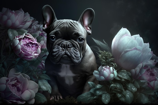 Süße schwarze französische Bulldogge sitzt in einem großen Blumenstrauß Generative KI