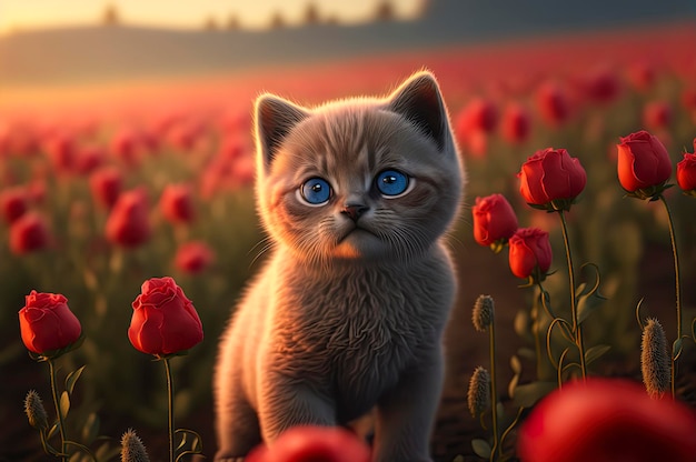Süße schwarze Katze mit blauen Augen, die in einem Feld mit roten Blumen und Sonnenuntergang im Hintergrund sitzt