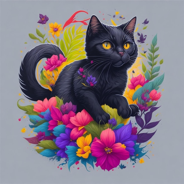 Süße schwarze Katze und bunte Blumen 11