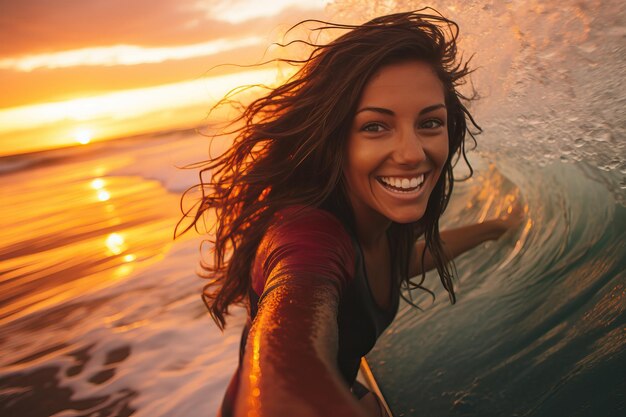 süße Surferin, die mühelos auf einer Welle mit einem lebendigen Sonnenuntergang fährt