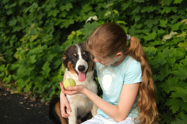 Süße Teenager-Mädchen spielen mit Australian Shepherd drei Farben Welpen Hund im Sommerball