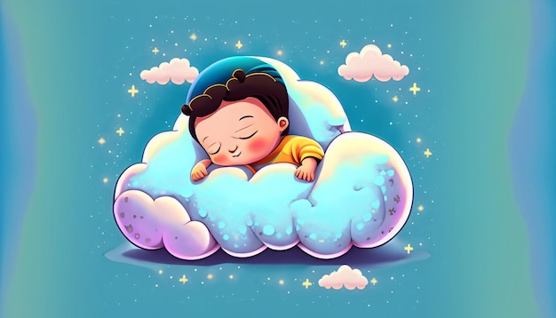 Süße Träume, kostenloser Vektor, niedliches Baby, das auf Wolkenkissen schläft, Cartoon-Symbol-Illustration, bezaubernd