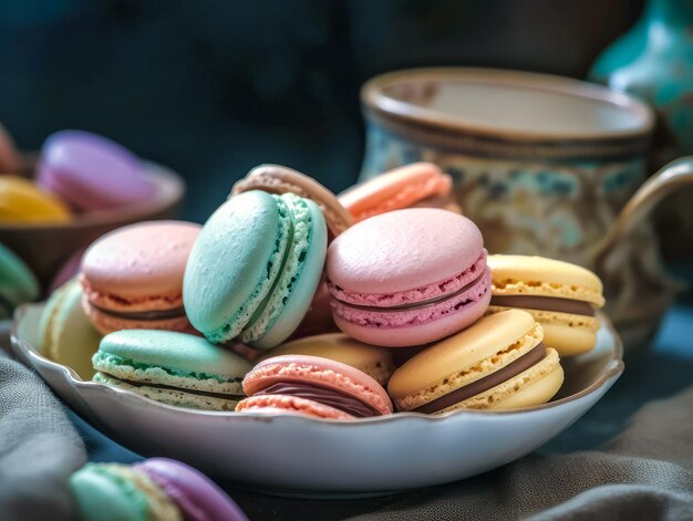 Süße und farbenfrohe französische Macarons auf retrovintage-Hintergrund Ai erzeugt