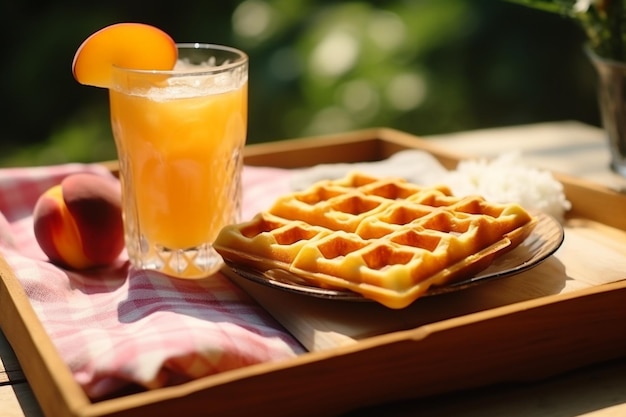 Süße Waffeln mit Pfirsichcocktail an einem Sommertag