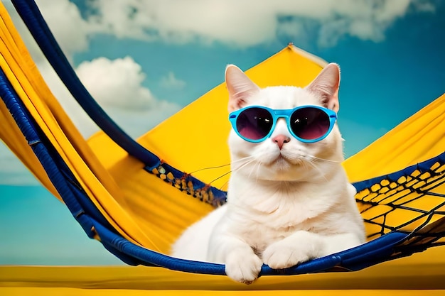 Süße weiße britische Katze mit Sonnenbrille auf gelber Stoffhängematte isoliert auf gelbem Hintergrund