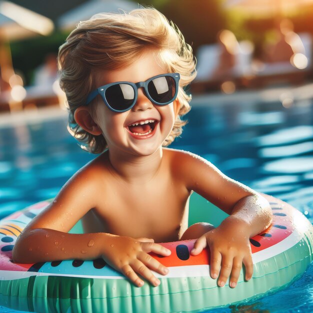 Süßer afroamerikanischer kleiner Junge im Schwimmbad im Sommerurlaub